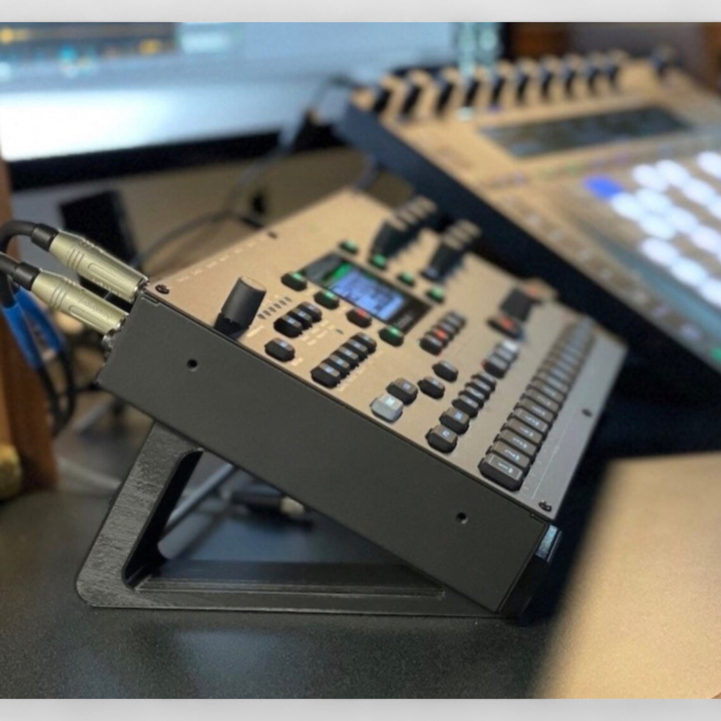 3D printed Elektron OctaTrack Sequencer & Sampler 20 degree stand by Cold Earth Industries, music studio shot shown in black on a white background