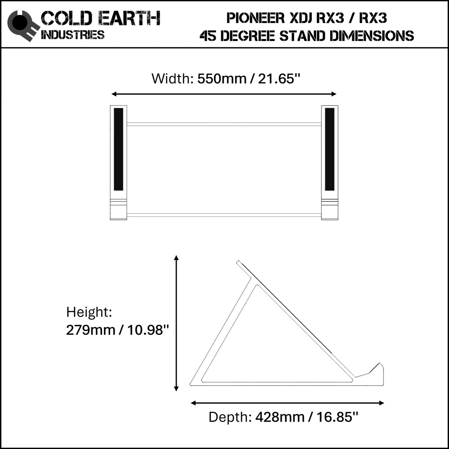 3D printed Pioneer XDJ RX2 / RX3 DJ Controller 45 degree stand dimensions by Cold Earth Industries, shown on a white background