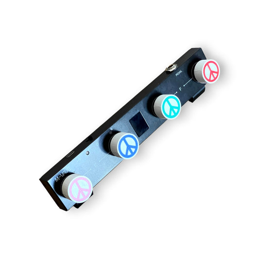 Set of 4 Peace Sign Guitar Pedal Footswitch Toppers for 8.5mm / 10mm / 11mm Foot Switch. 3D printed Peace Design by Cold Earth Industries, shown on on a guitar pedal against a white background.