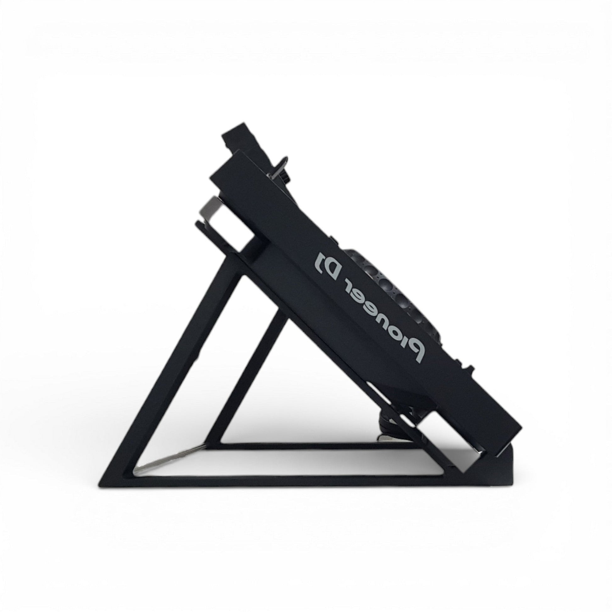 3D printed Pioneer XDJ RX2 / RX3 DJ Controller 45 degree stand by Cold Earth Industries, shown side view, in black, on a white background with Pioneer DJ RX3