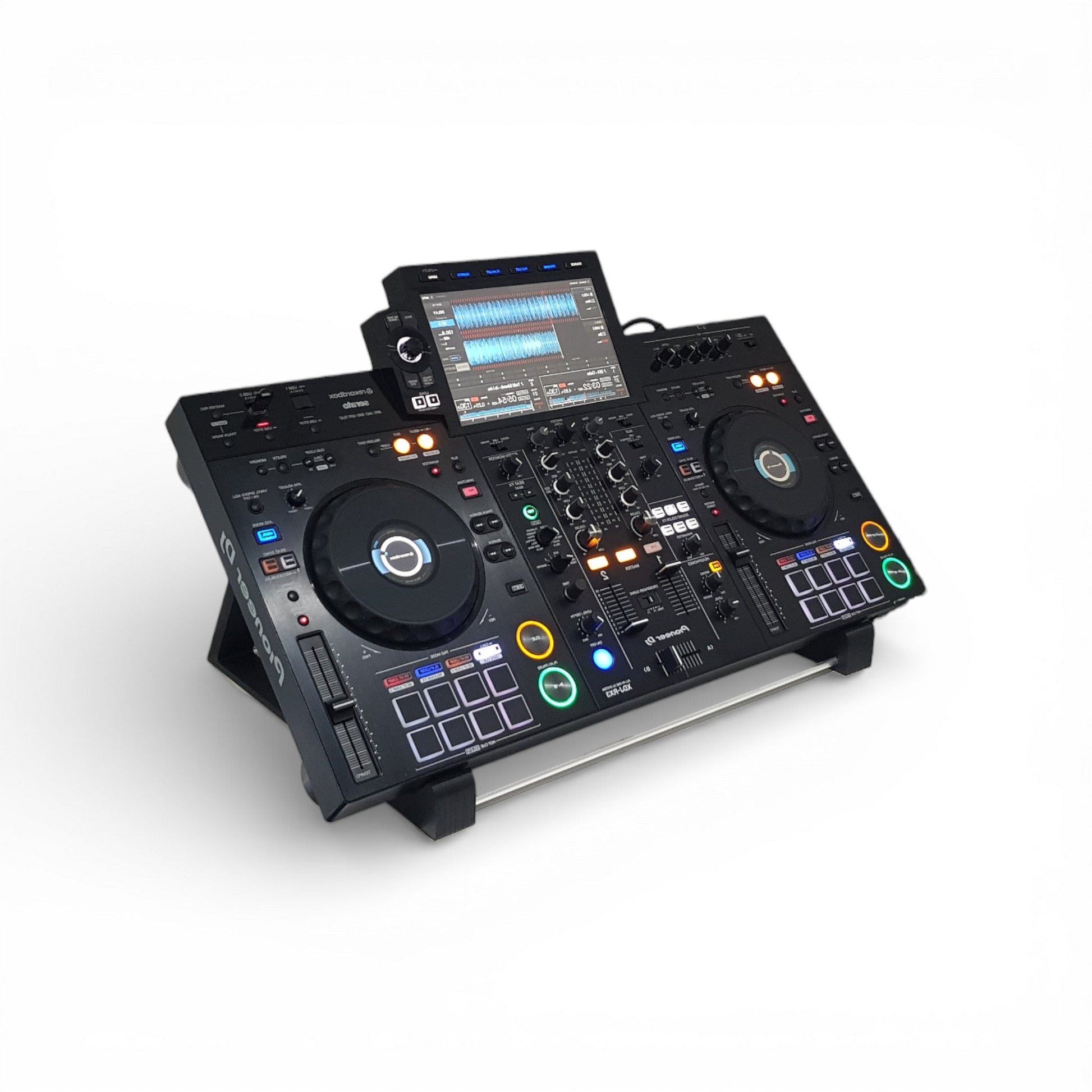 3D printed Pioneer XDJ RX2 / RX3 DJ Controller 45 degree stand by Cold Earth Industries in black, on a white background with Pioneer DJ RX3