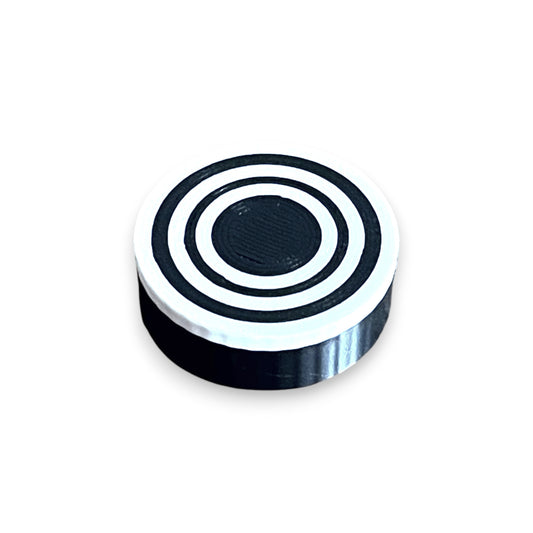 Low Profile Guitar Pedal Footswitch Topper for 8.5mm / 10mm / 11mm Foot Switch. 3D printed Radar Design by Cold Earth Industries, shown in black with white rings on a white background.