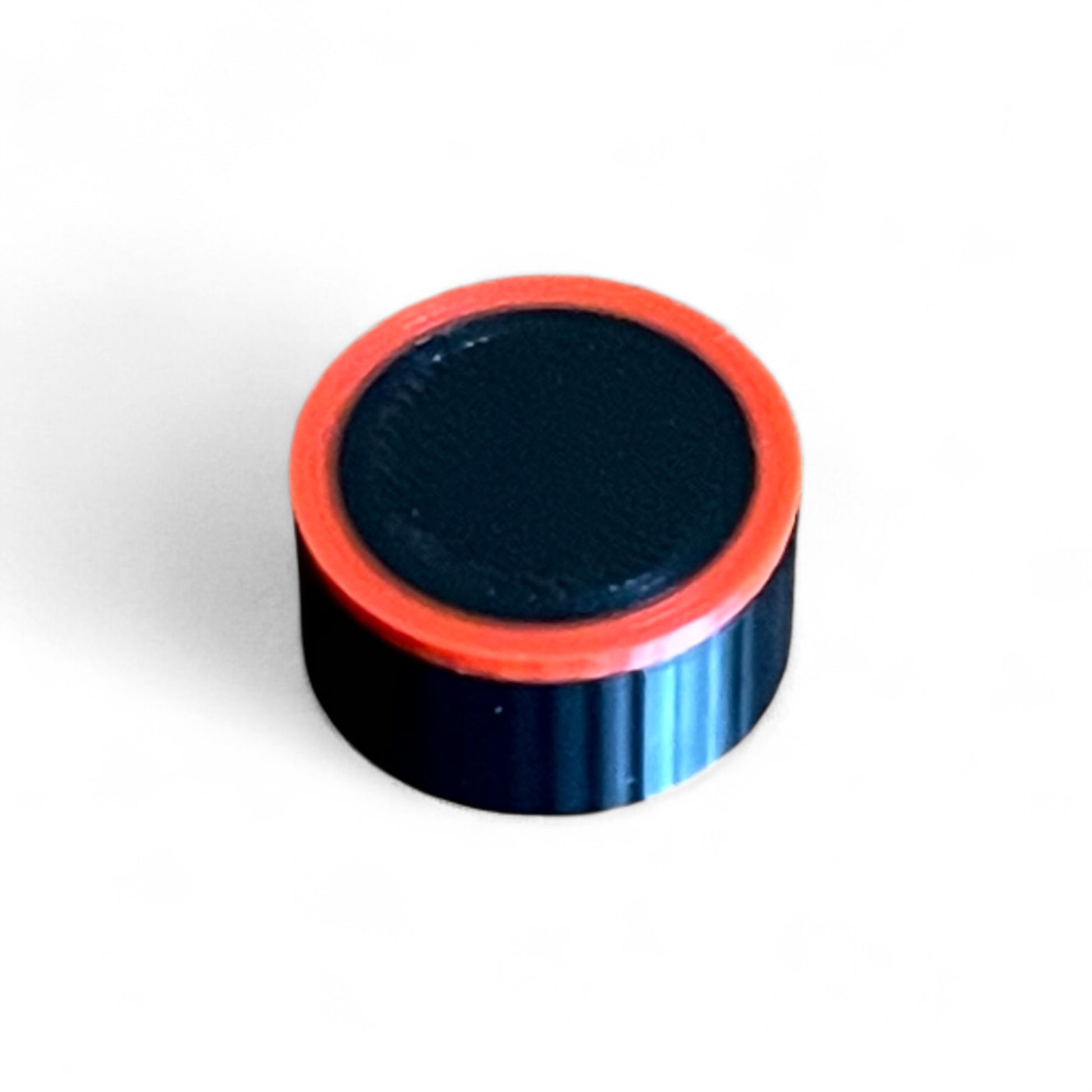 Guitar Pedal Footswitch Topper for 10MM Foot Switch. 3D printed Black Base and Red Ring Design by Cold Earth Industries, shown on a white background.