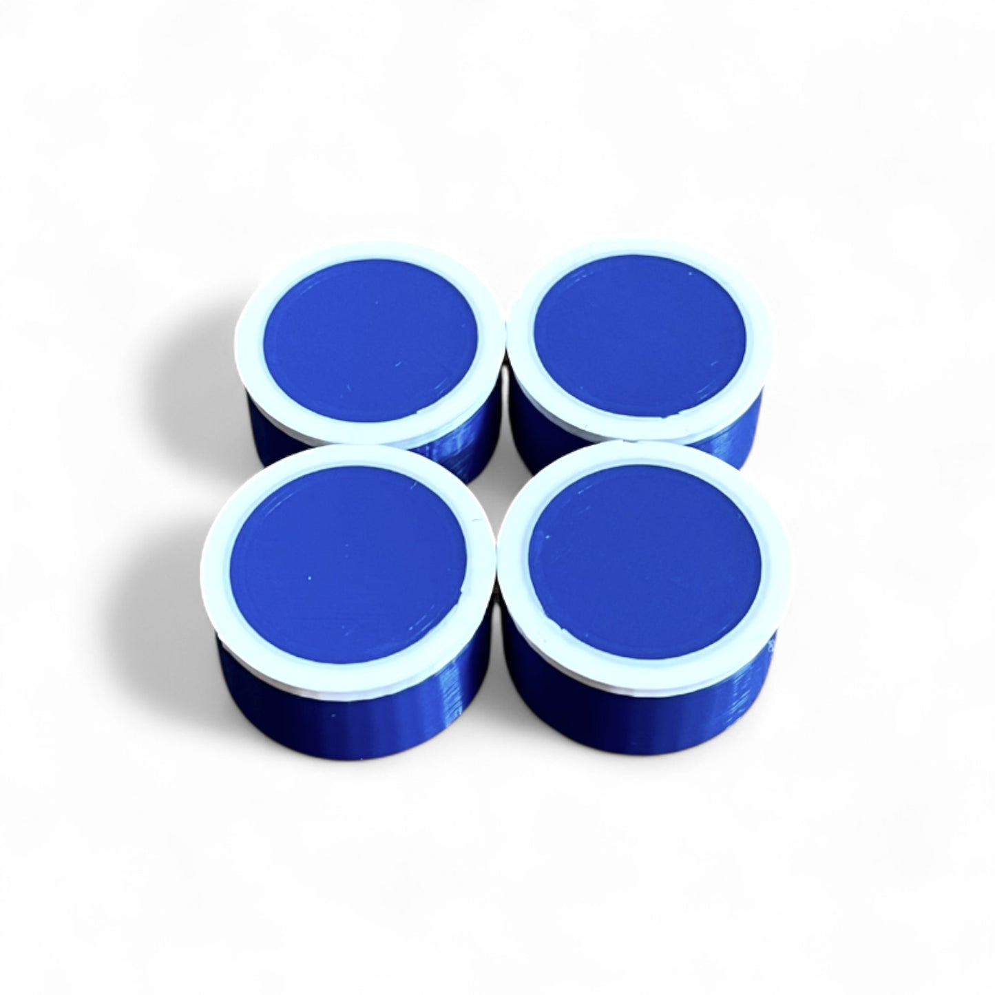 Set of 4 Guitar Pedal Footswitch Topper for 11MM Foot Switch. 3D printed Blue Base and White Ring Design by Cold Earth Industries, shown on a white background.