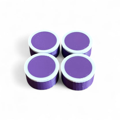Set of 4 Guitar Pedal Footswitch Topper for 11MM Foot Switch. 3D printed Purple Base and White Ring Design by Cold Earth Industries, shown on a white background.