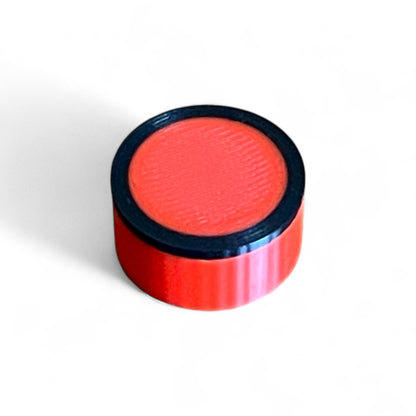 Guitar Pedal Footswitch Topper for 11MM Foot Switch. 3D printed Red Base and Black Ring Design by Cold Earth Industries, shown on a white background.