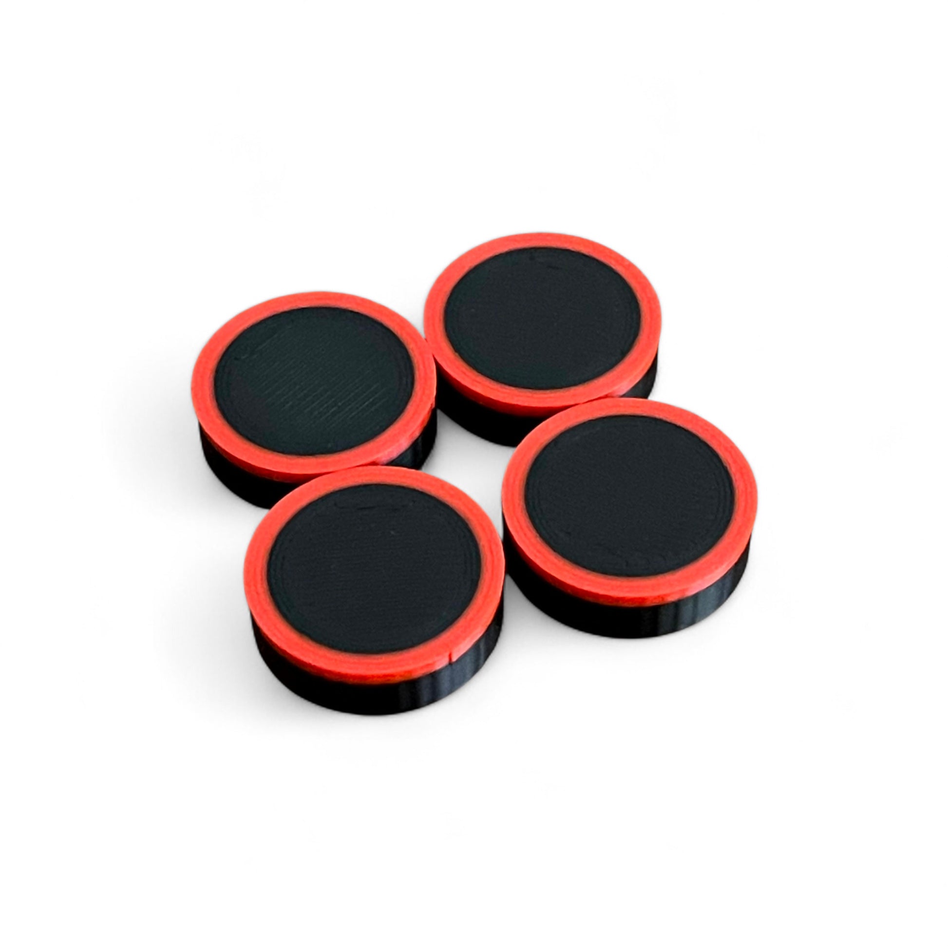 Set of 4 Guitar Pedal Footswitch Topper Low Profile for 11MM Foot Switch. 3D printed Black Base and Red Ring Design by Cold Earth Industries, shown on a white background.