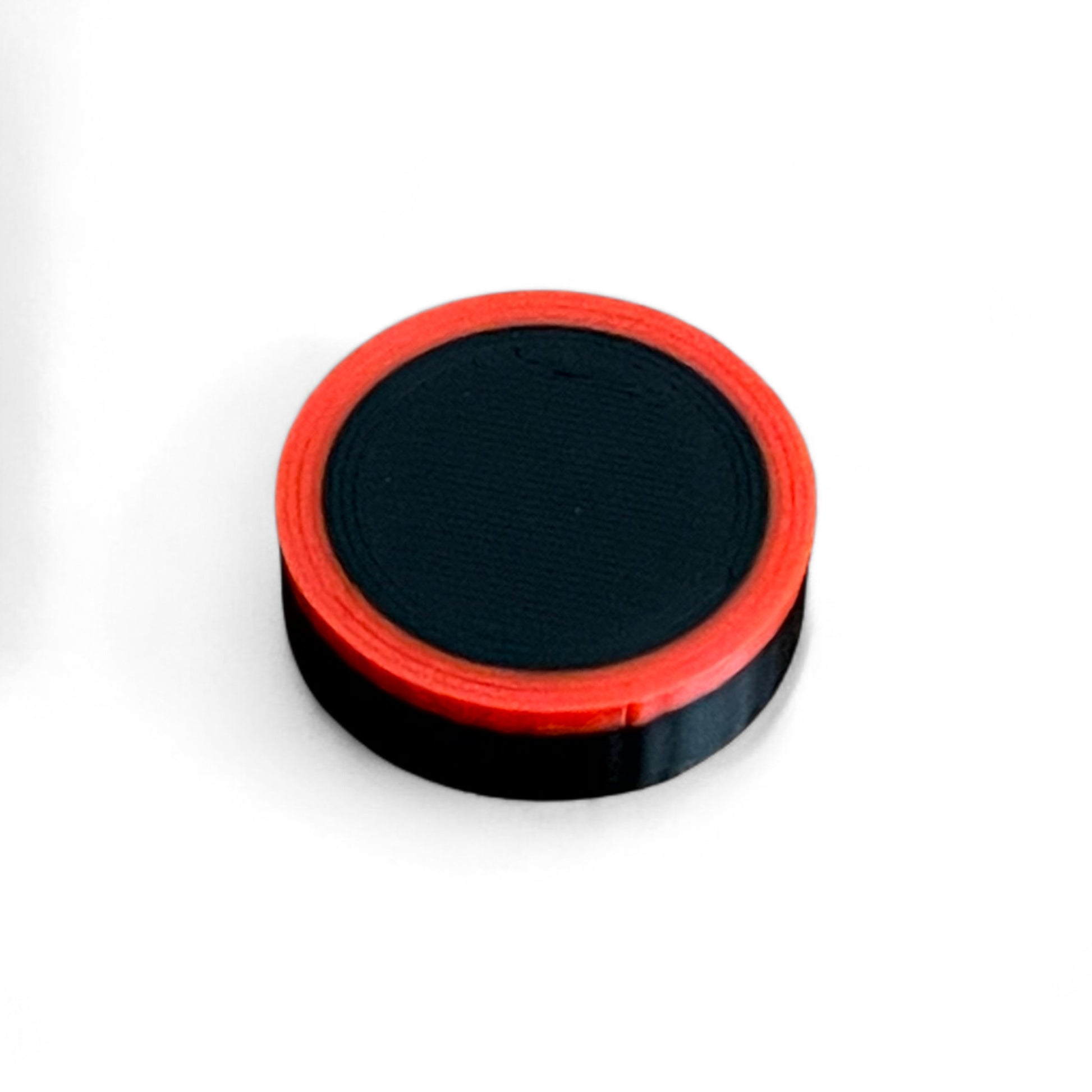 Guitar Pedal Footswitch Topper Low Profile for 8.5MM Foot Switch. 3D printed Black Base and Red Ring Design by Cold Earth Industries, shown on a white background.