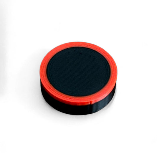 Guitar Pedal Footswitch Topper Low Profile for 8.5MM Foot Switch. 3D printed Black Base and Red Ring Design by Cold Earth Industries, shown on a white background.