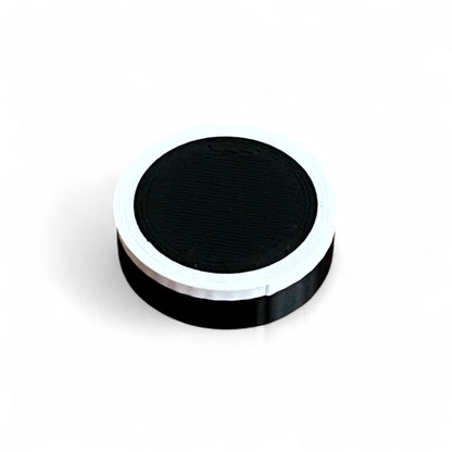 Guitar Pedal Footswitch Topper Low Profile for 10MM Foot Switch. 3D printed Black Base and White Ring Design by Cold Earth Industries, shown on a white background.