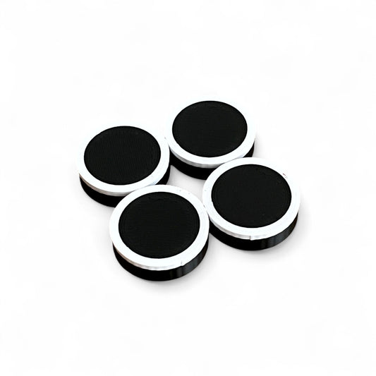 Set of 4 Guitar Pedal Footswitch Topper Low Profile for 11MM Foot Switch. 3D printed Black Base and White Ring Design by Cold Earth Industries, shown on a white background.
