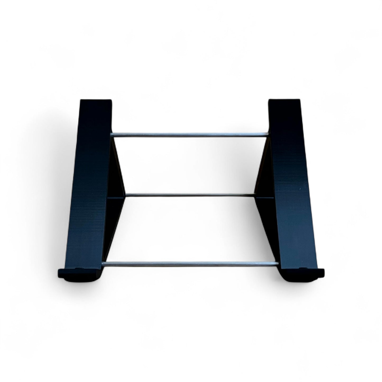 Front view of a black desktop stand from Cold Earth Industries designed for the Roland SH-4d Digital Desktop Synthesizer, featuring a robust PLA+ & aluminum structure at a 45 degree angle.