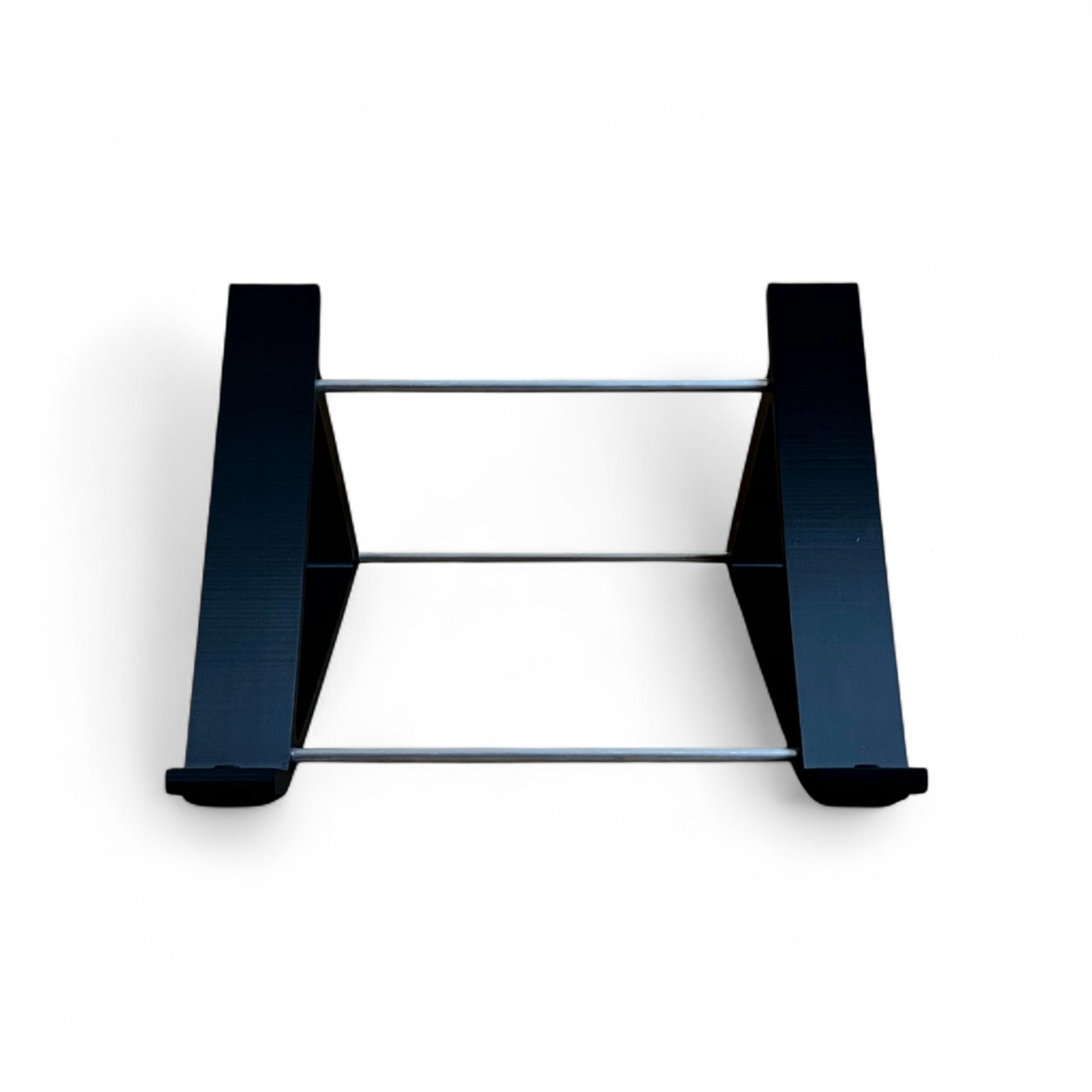 Front view of a black desktop stand from Cold Earth Industries designed for the Roland SH-4d Digital Desktop Synthesizer, featuring a robust PLA+ & aluminum structure at a 45 degree angle.