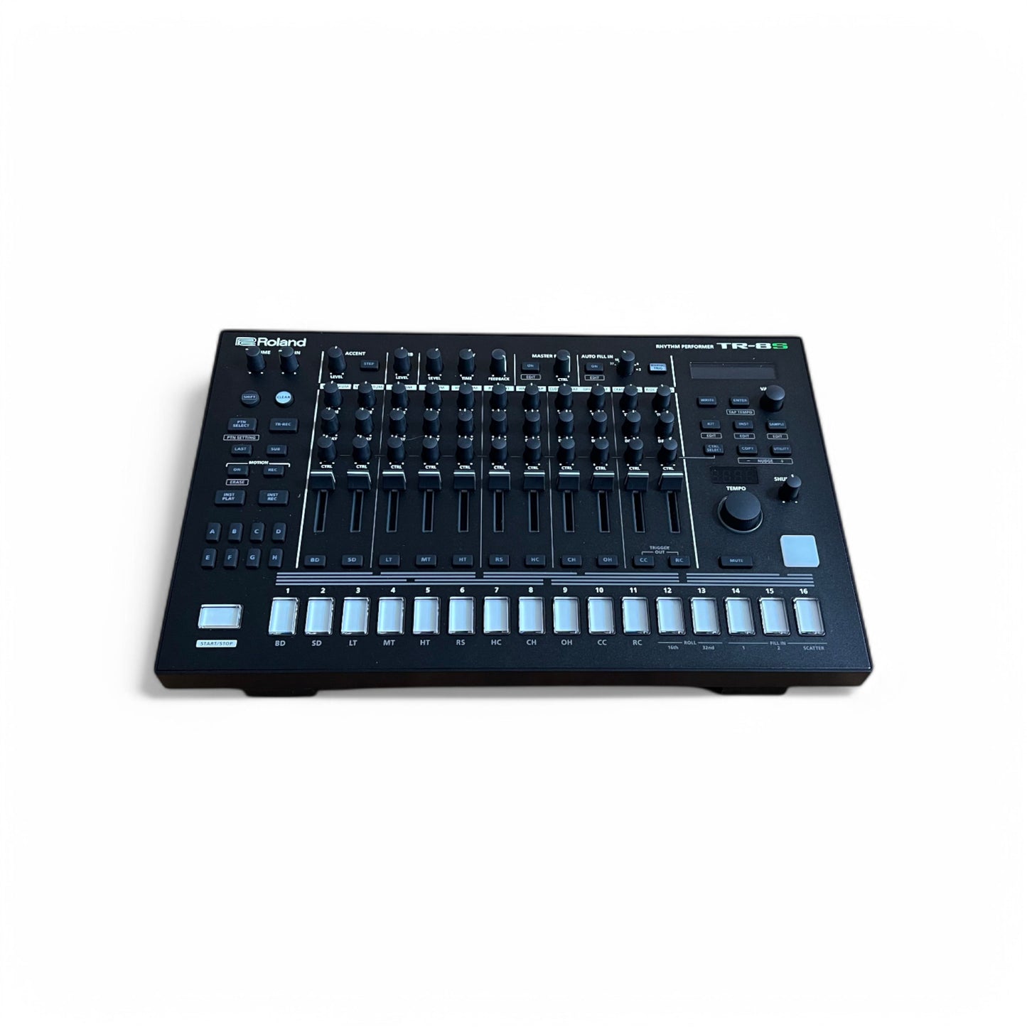 3D printed Roland TR-8S Rhythm Performer Drum Machine 30 degree stand by Cold Earth Industries, shown front view in black on a white background, holding a Roland TR-8S