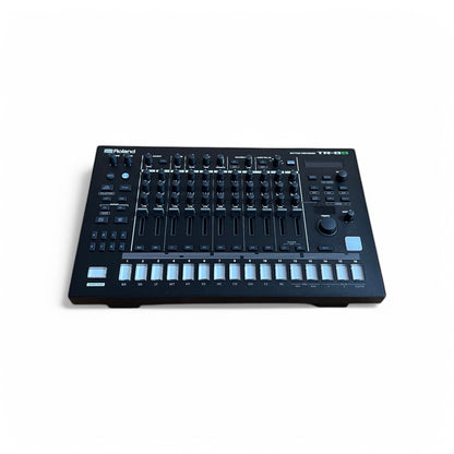 3D printed Roland TR-8S Rhythm Performer Drum Machine 30 degree stand by Cold Earth Industries, shown front view in black on a white background, holding a Roland TR-8S