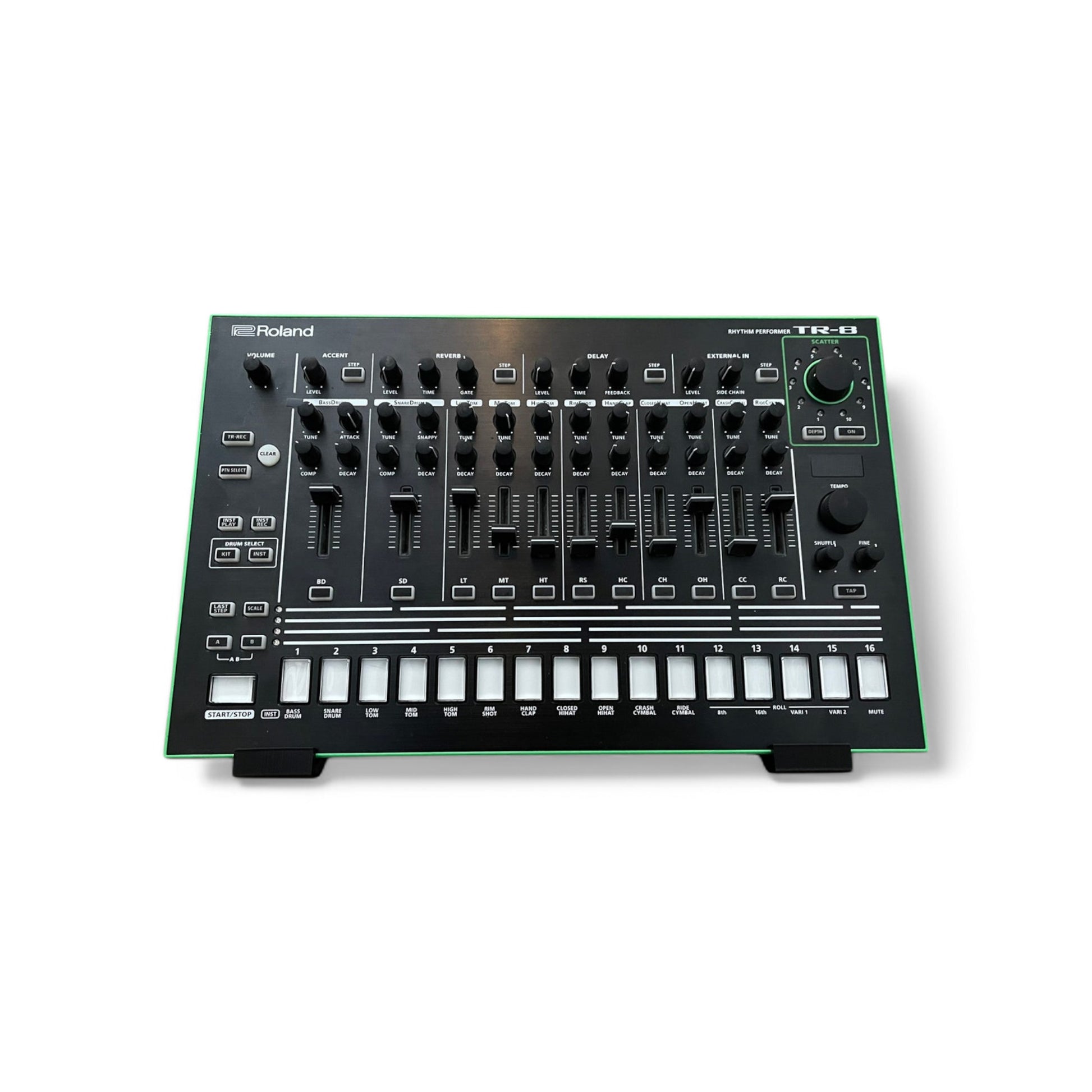 3D printed Roland TR-8 Rhythm Performer Drum Machine 30 degree stand by Cold Earth Industries, shown front view in black on a white background holding a Roland TR-8 Rhythm Performer