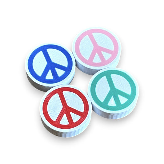 Set of 4 Low Profile Peace Sign Guitar Pedal Footswitch Toppers for 8.5mm / 10mm / 11mm Foot Switch. 3D printed Peace Design by Cold Earth Industries, shown on a white background.