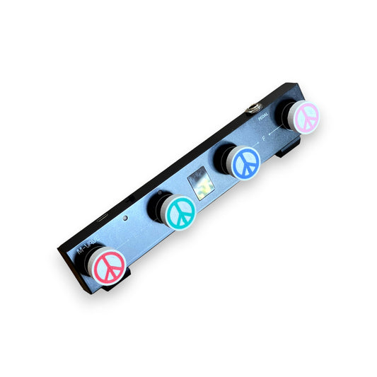 Set of 4 Low Profile Peace Sign Guitar Pedal Footswitch Toppers for 8.5mm / 10mm / 11mm Foot Switch. 3D printed Peace Design by Cold Earth Industries, shown on on a guitar pedal against a white background.