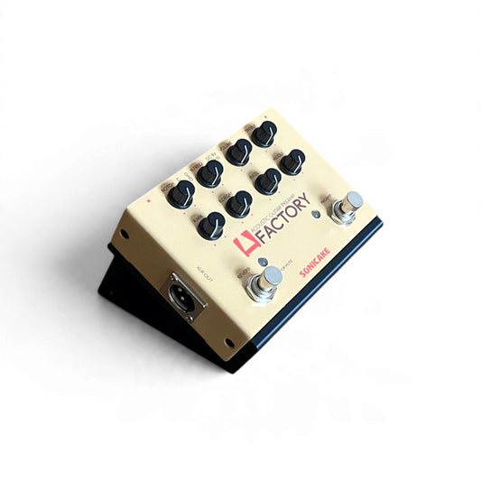 Sonicake A Factory & B Factory 30 Degree Guitar Pedal Stand. 3D printed guitar pedal stand by Cold Earth Industries, shown in black on a white background with a Sonicake A Factory pedal in place.