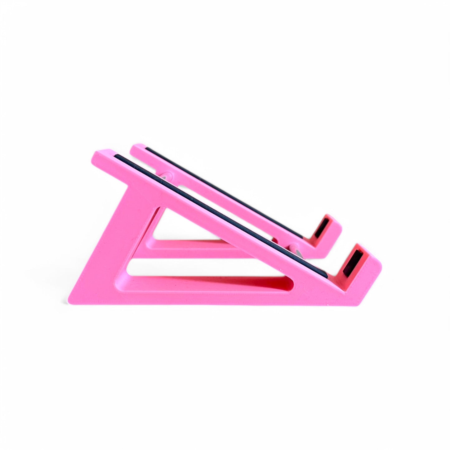 3D printed stand for the Strymon BigSky, Mobius, Timeline Guitar Pedals, 30 Degree stand by Cold Earth Industries, shown in pink on a white background – custom desktop stands.

