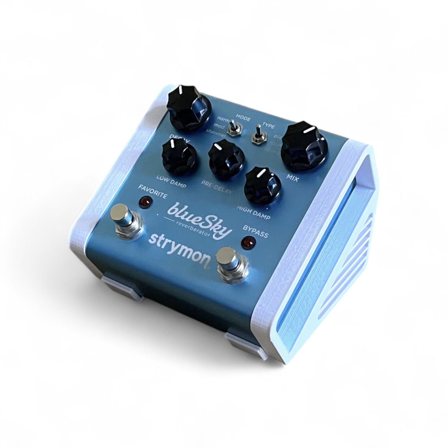 3D printed Strymon Strymon Pedal Stand Guitar Pedal 30 Degree stand by Cold Earth Industries, shown in white on a white background with Strymon blueSky guitar pedal