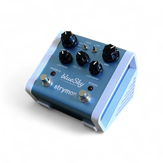 3D printed Strymon Strymon Pedal Stand Guitar Pedal 30 Degree stand by Cold Earth Industries, shown in white on a white background with Strymon blueSky guitar pedal