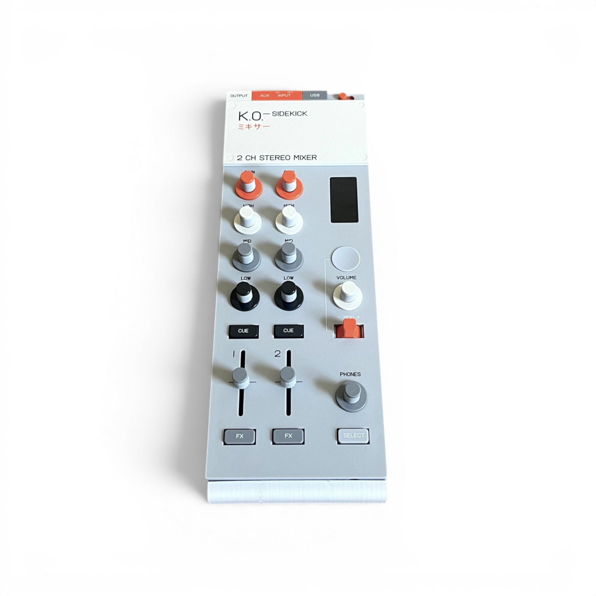 3D printed Teenage Engineering KO-Sidekick Mixer + Audio Interface  Mixer 20 Degree stand by Cold Earth Industries, shown front view with Sidekick Mixer, in white, on a white background – custom desktop stands.